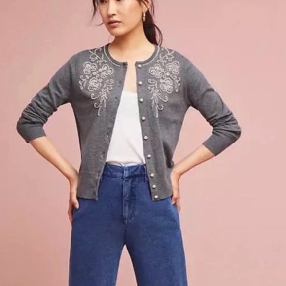 Anthropologie Pearl Embellished Gray Cardigan Sz S - Picture 9 of 12